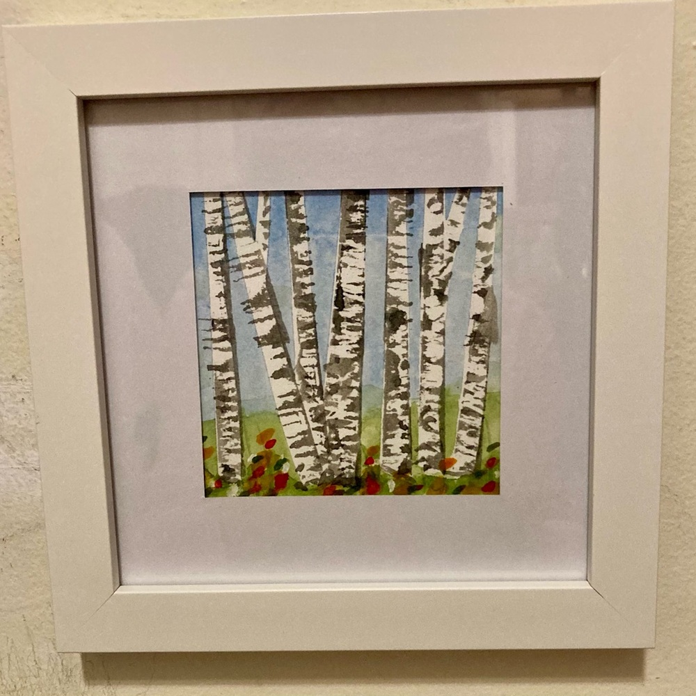 Framed Original Watercolor Art “Birch Trees” Home Decor Size 7”x7”